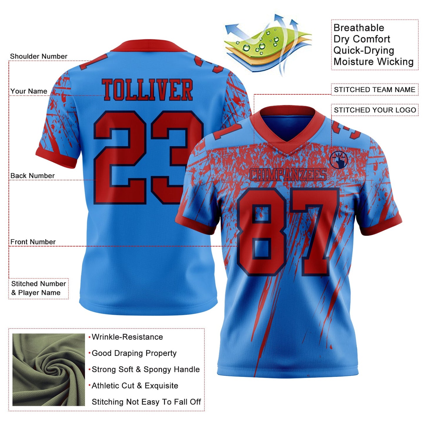 Custom Powder Blue Red-Navy Authentic Distressed Scratch Brush Stroke Football Jersey view 2