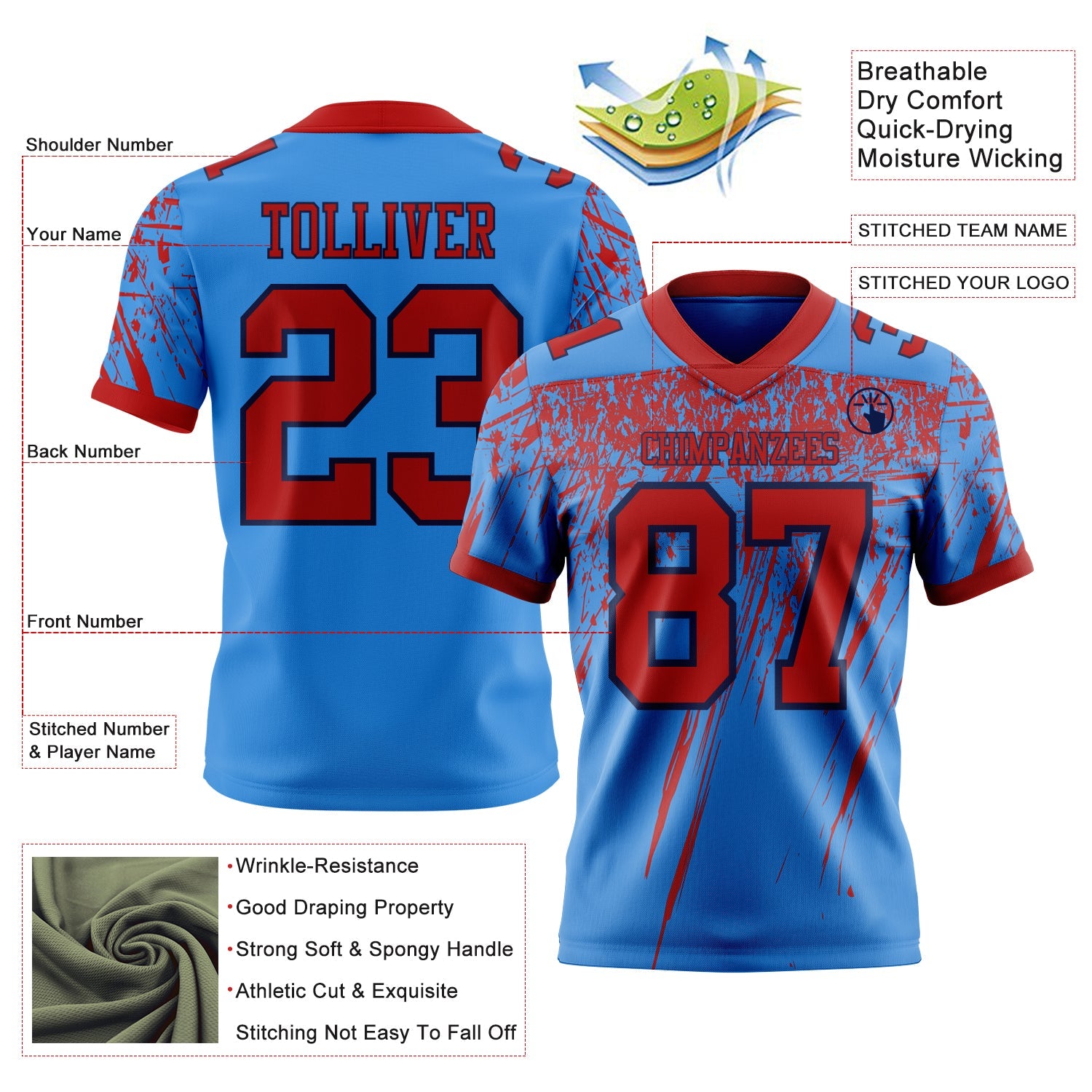 Custom Powder Blue Red-Navy Authentic Distressed Scratch Brush Stroke Football Jersey view 2