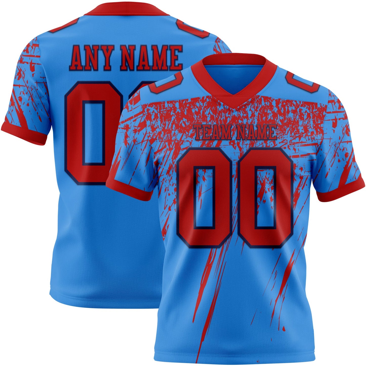 Custom Powder Blue Red-Navy Authentic Distressed Scratch Brush Stroke Football Jersey - Main View
