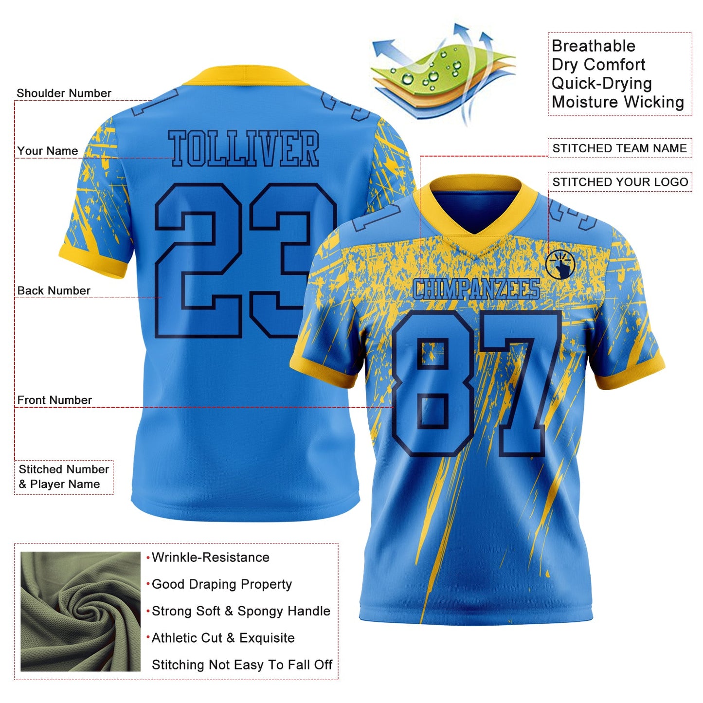 Custom Powder Blue Yellow-Navy Authentic Distressed Scratch Brush Stroke Football Jersey view 2