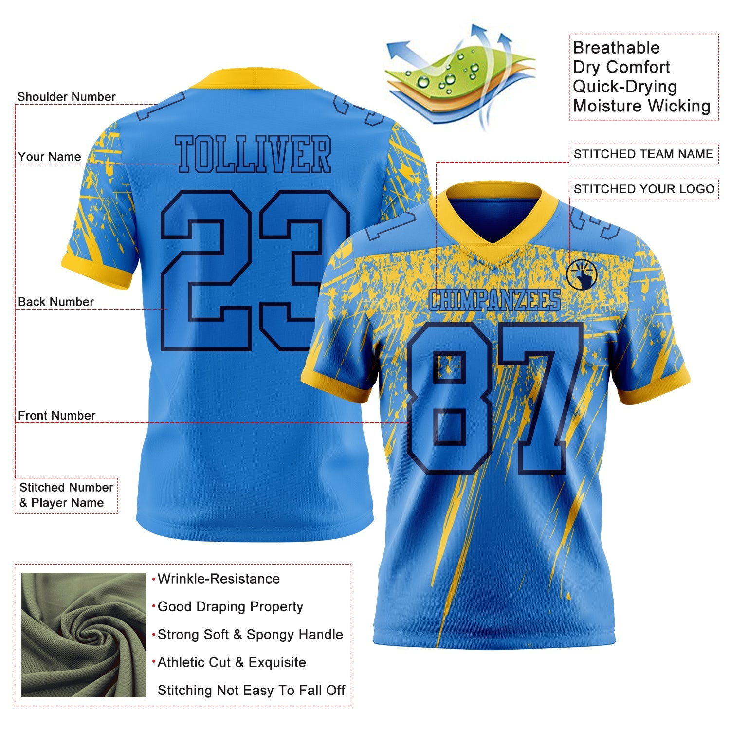 Custom Powder Blue Yellow-Navy Authentic Distressed Scratch Brush Stroke Football Jersey view 2