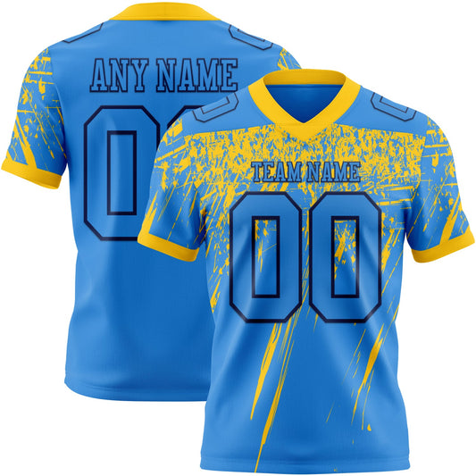 Custom Powder Blue Yellow-Navy Authentic Distressed Scratch Brush Stroke Football Jersey - Main View