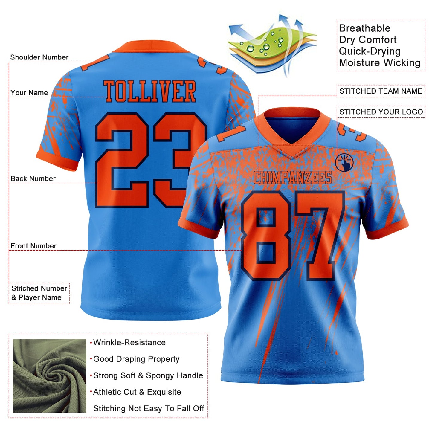 Custom Powder Blue Orange-Navy Authentic Distressed Scratch Brush Stroke Football Jersey view 2