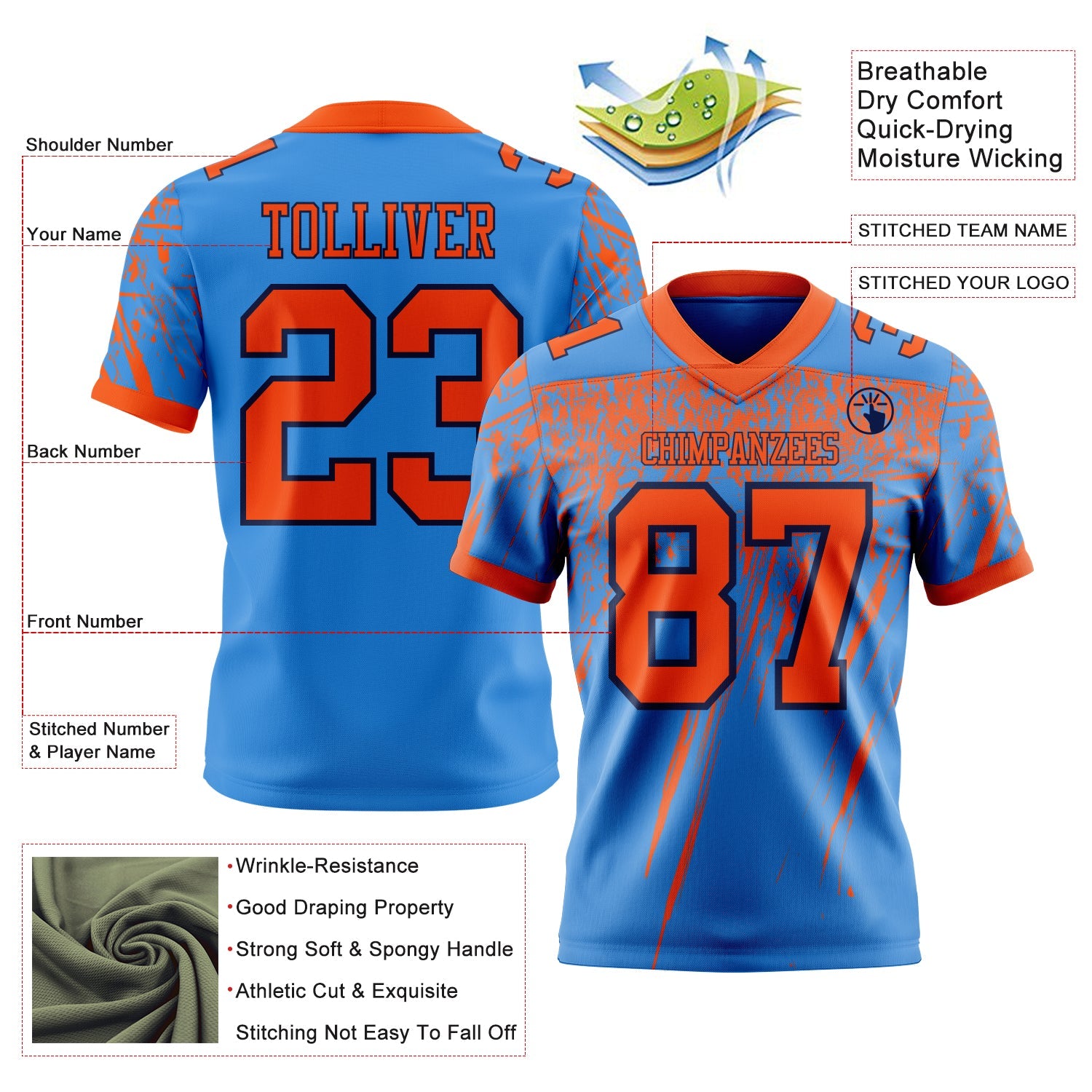Custom Powder Blue Orange-Navy Authentic Distressed Scratch Brush Stroke Football Jersey view 2