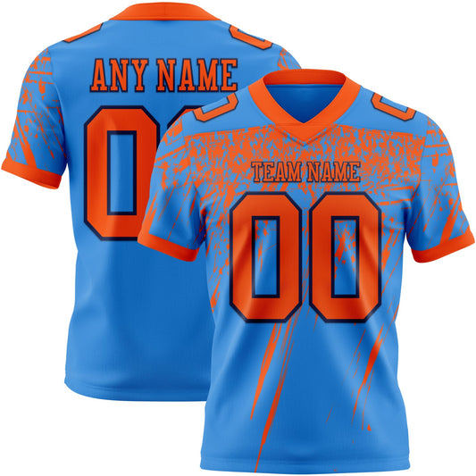 Custom Powder Blue Orange-Navy Authentic Distressed Scratch Brush Stroke Football Jersey - Main View