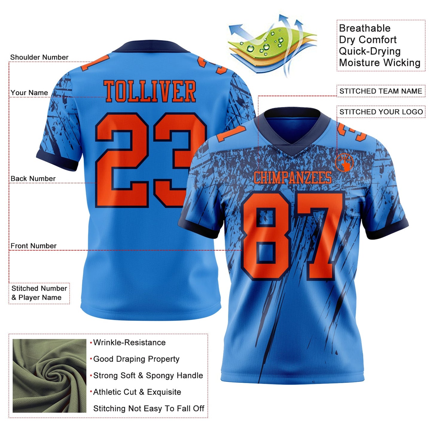 Custom Powder Blue Orange-Navy Authentic Distressed Scratch Brush Stroke Football Jersey view 2