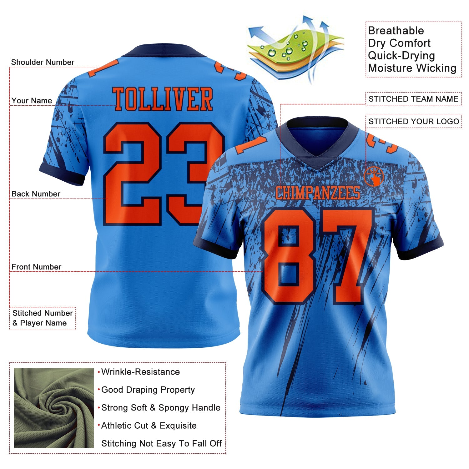 Custom Powder Blue Orange-Navy Authentic Distressed Scratch Brush Stroke Football Jersey view 2