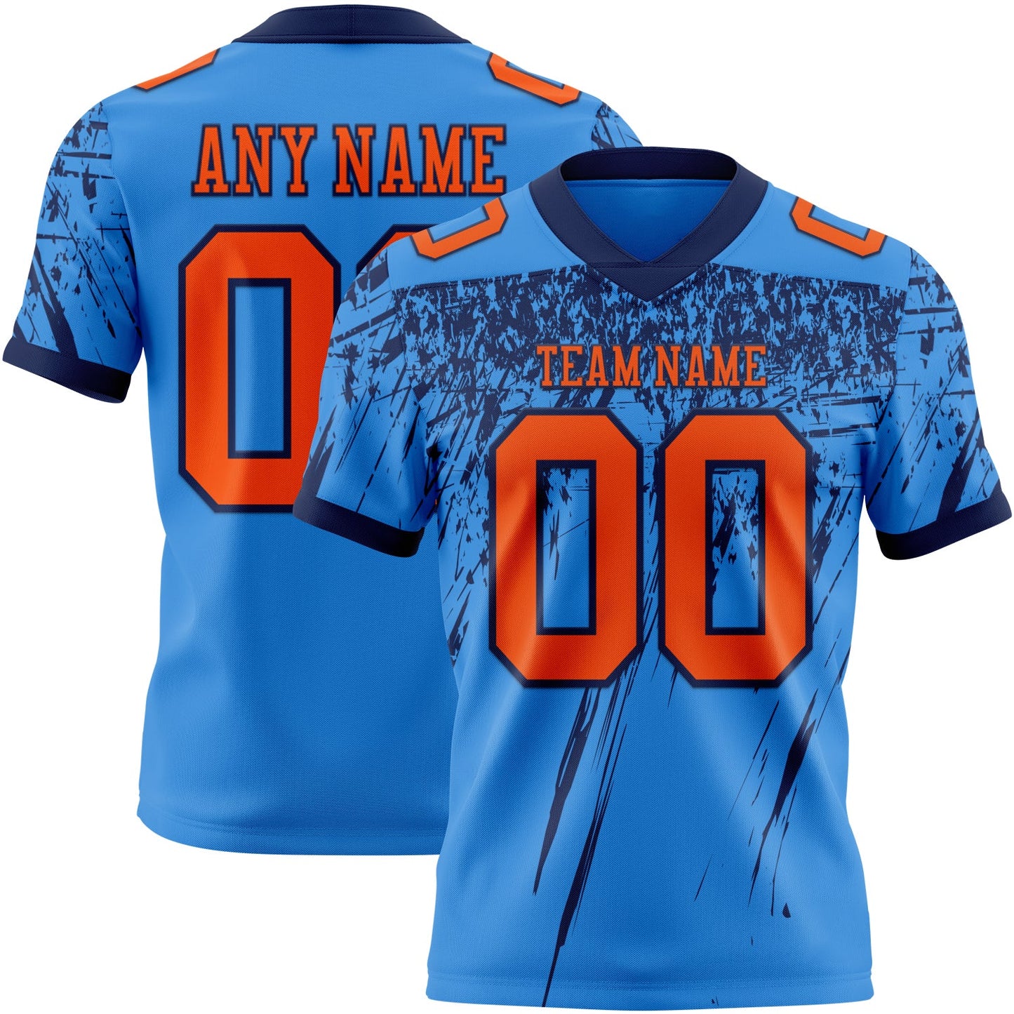 Custom Powder Blue Orange-Navy Authentic Distressed Scratch Brush Stroke Football Jersey - Main View