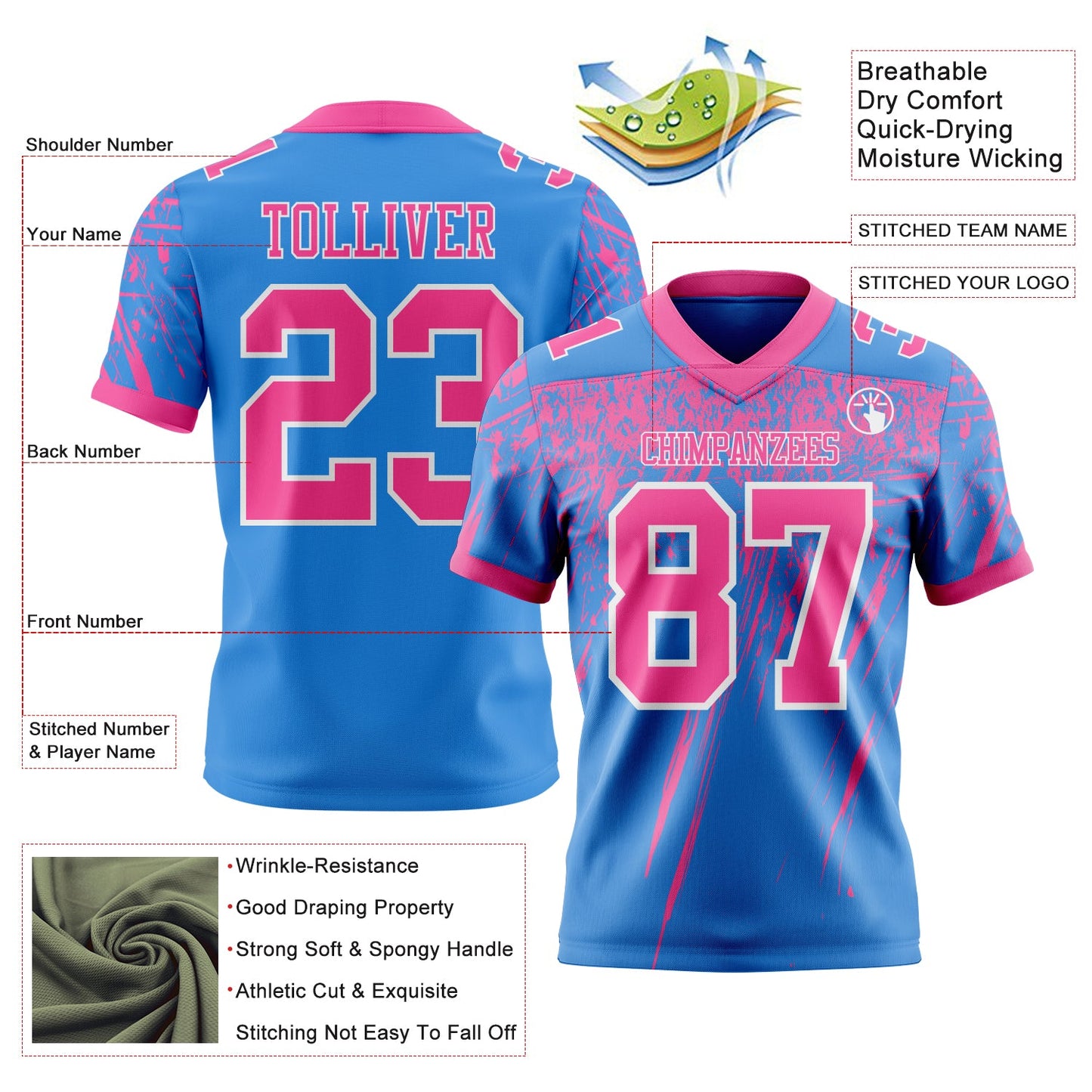 Custom Powder Blue Pink-White Authentic Distressed Scratch Brush Stroke Football Jersey view 2