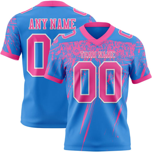 Custom Powder Blue Pink-White Authentic Distressed Scratch Brush Stroke Football Jersey - Main View