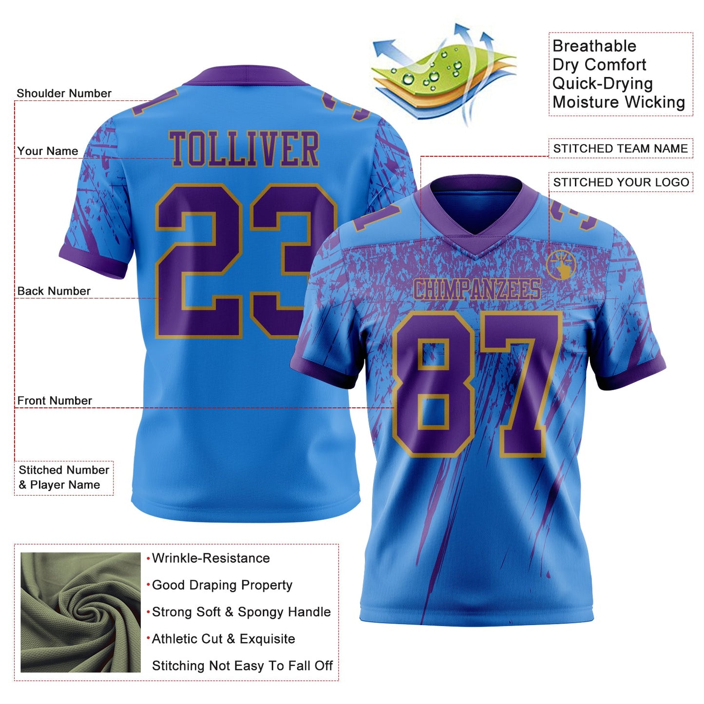 Custom Powder Blue Purple-Old Gold Authentic Distressed Scratch Brush Stroke Football Jersey view 2