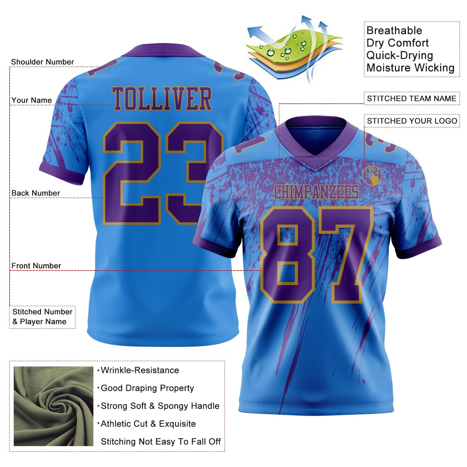 Custom Powder Blue Purple-Old Gold Authentic Distressed Scratch Brush Stroke Football Jersey view 2