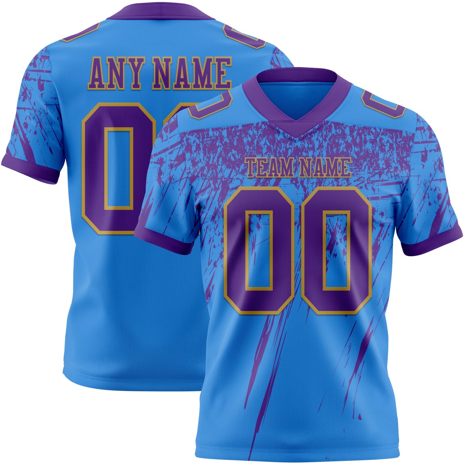 Custom Powder Blue Purple-Old Gold Authentic Distressed Scratch Brush Stroke Football Jersey - Main View