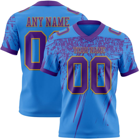 Custom Powder Blue Purple-Old Gold Authentic Distressed Scratch Brush Stroke Football Jersey - Main View