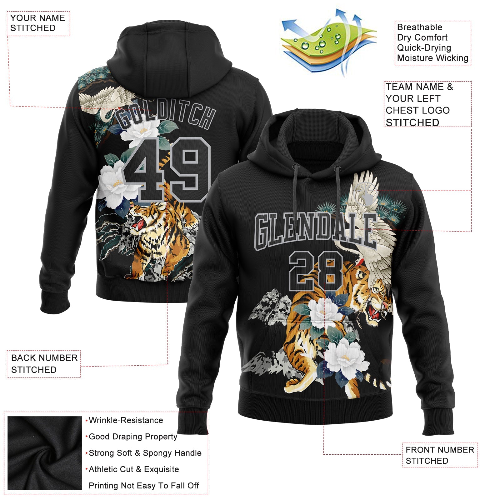 Custom Stitched Black Gray 3D Pattern Design Crane And Tiger Sports Pullover Sweatshirt Hoodie view 2