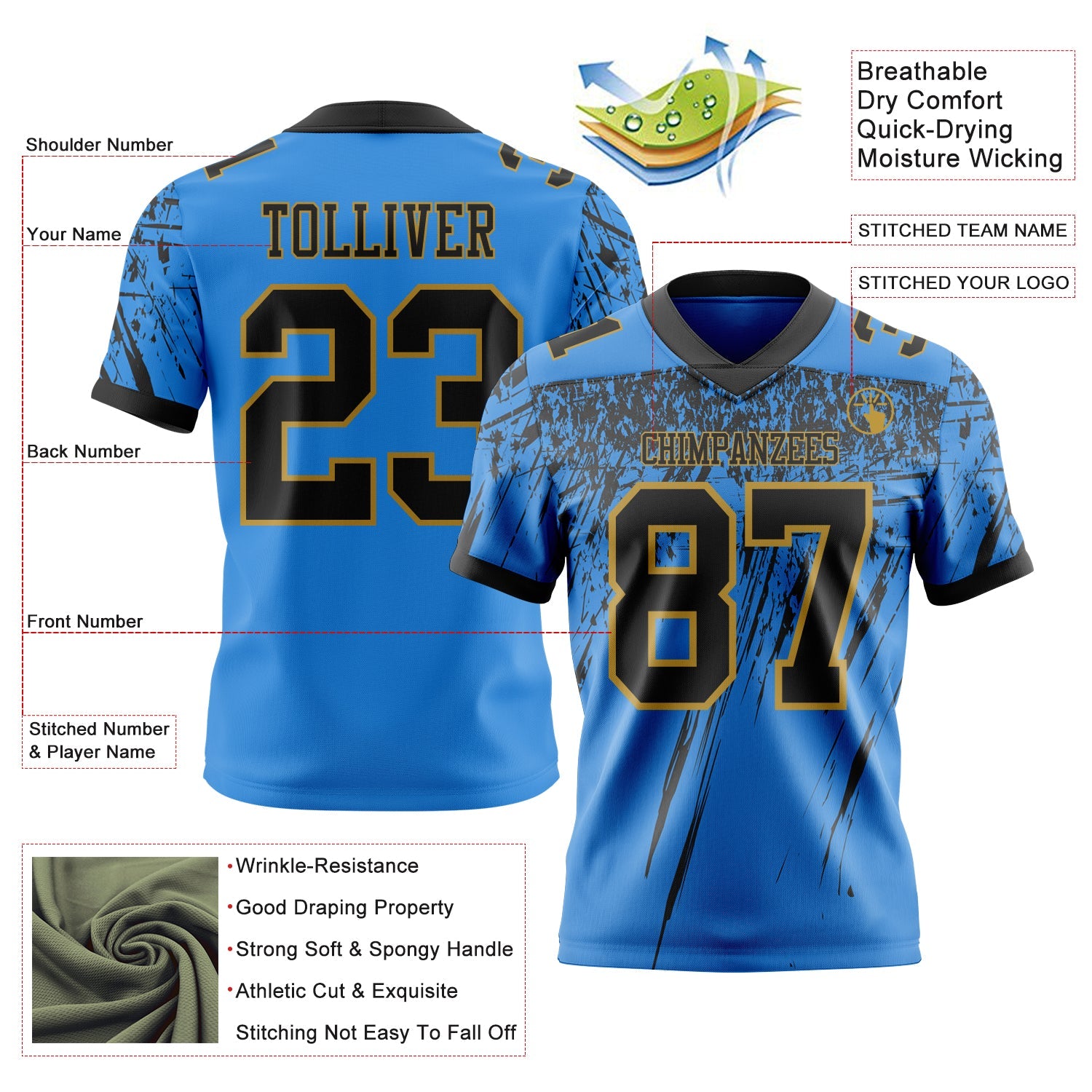 Custom Powder Blue Black-Old Gold Authentic Distressed Scratch Brush Stroke Football Jersey view 2
