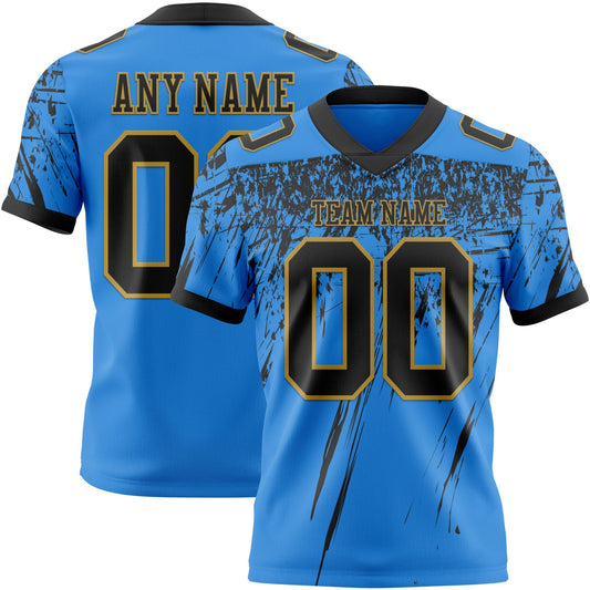 Custom Powder Blue Black-Old Gold Authentic Distressed Scratch Brush Stroke Football Jersey - Main View