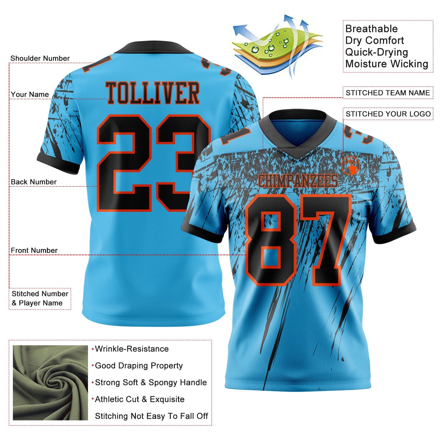 Custom Sky Blue Black-Orange Authentic Distressed Scratch Brush Stroke Football Jersey view 2