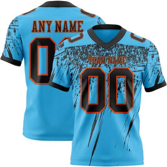 Custom Sky Blue Black-Orange Authentic Distressed Scratch Brush Stroke Football Jersey - Main View