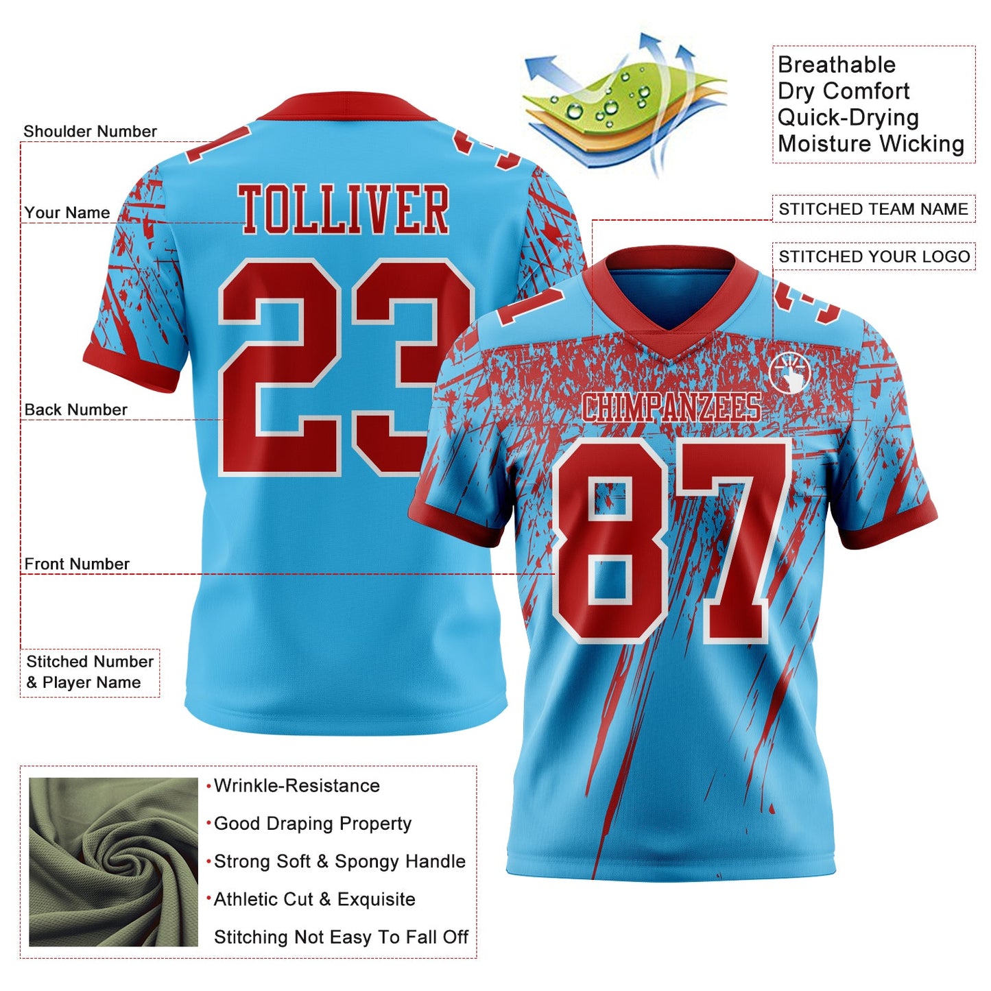 Custom Sky Blue Red-White Authentic Distressed Scratch Brush Stroke Football Jersey view 2