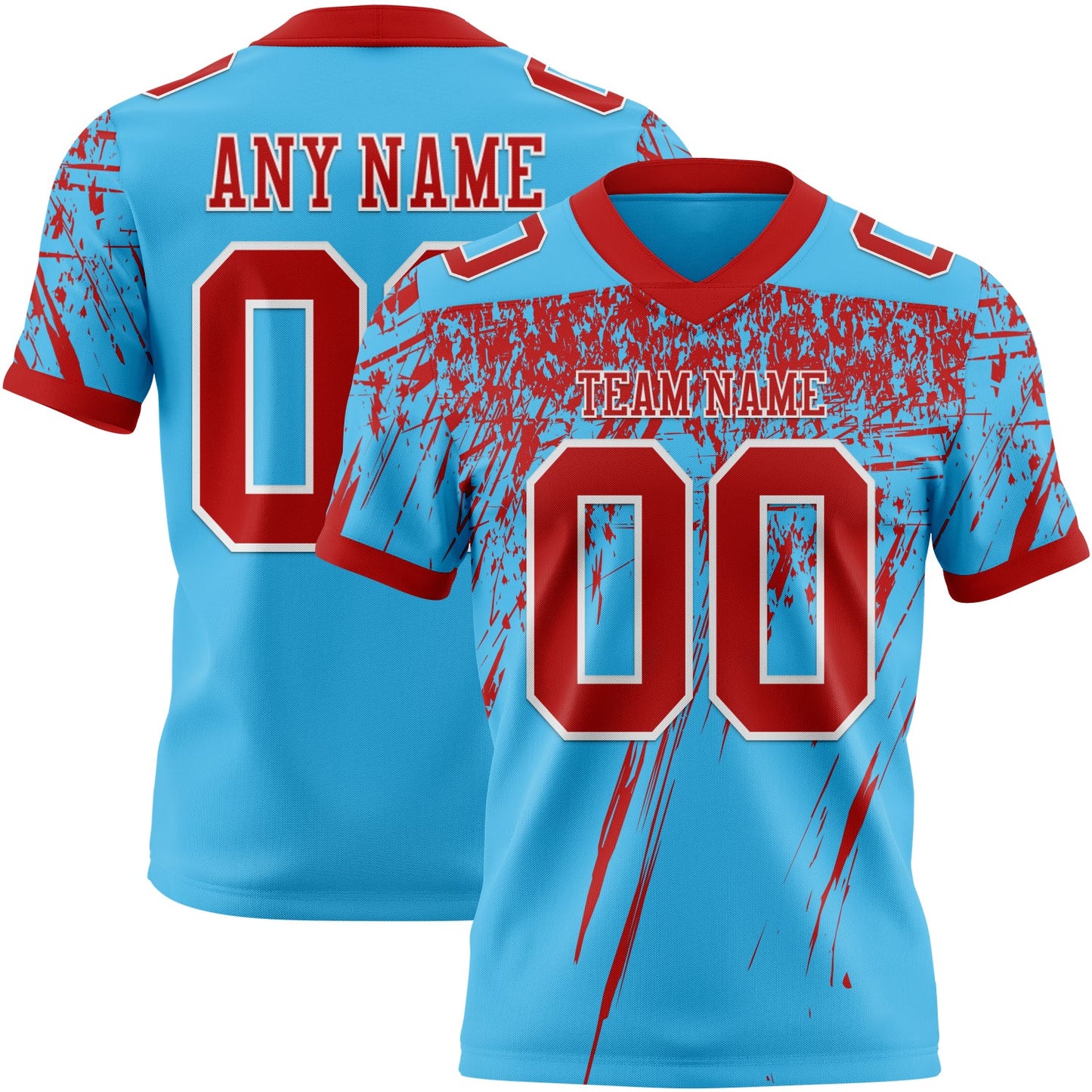 Custom Sky Blue Red-White Authentic Distressed Scratch Brush Stroke Football Jersey - Main View