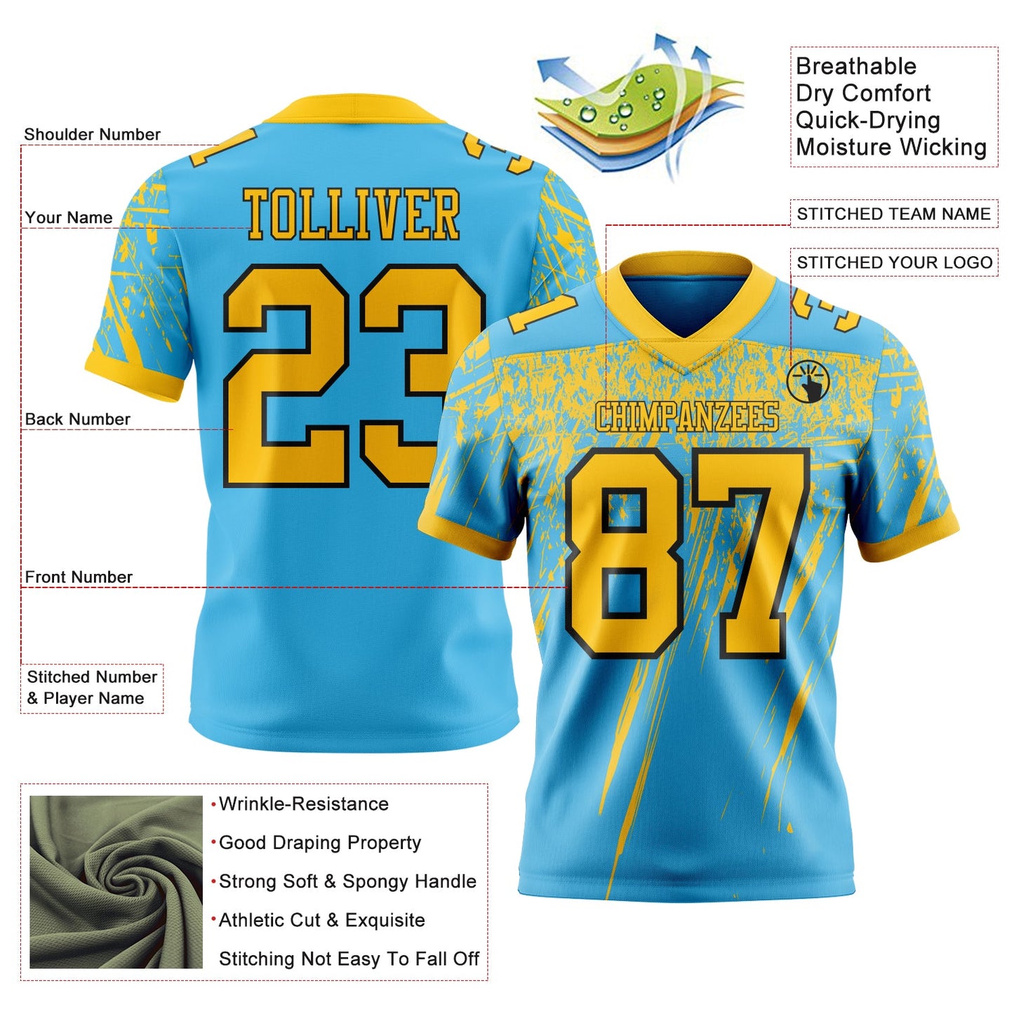 Custom Sky Blue Yellow-Black Authentic Distressed Scratch Brush Stroke Football Jersey view 2