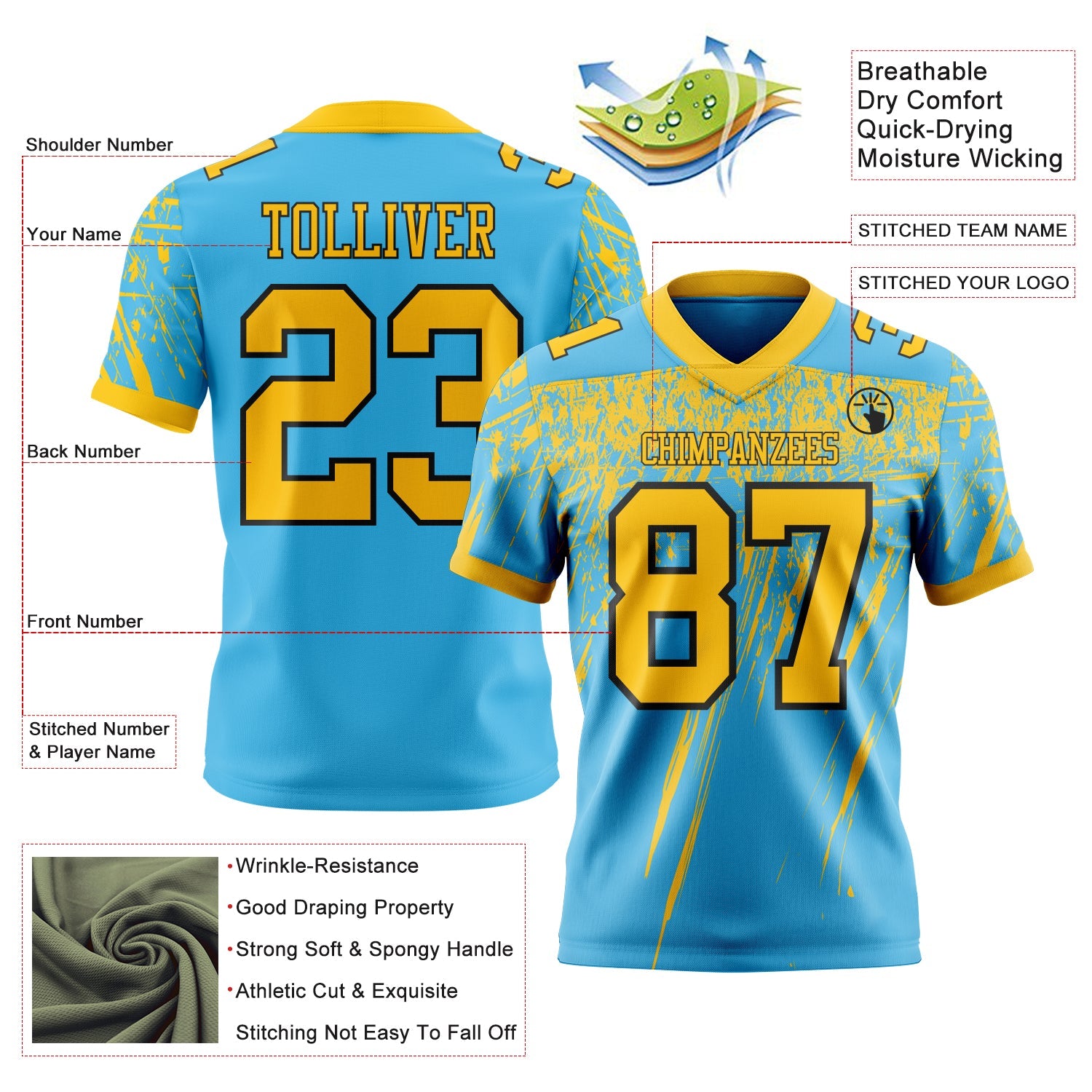 Custom Sky Blue Yellow-Black Authentic Distressed Scratch Brush Stroke Football Jersey view 2