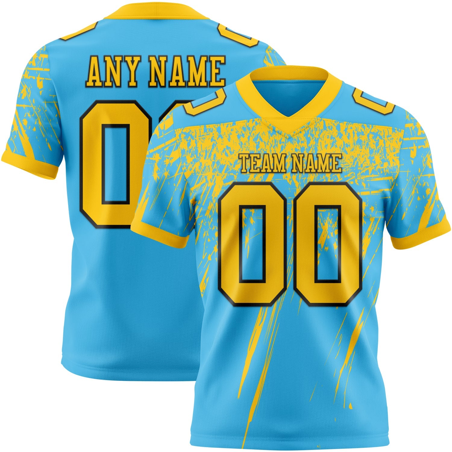 Custom Sky Blue Yellow-Black Authentic Distressed Scratch Brush Stroke Football Jersey - Main View