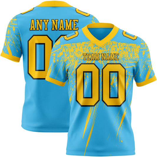Custom Sky Blue Yellow-Black Authentic Distressed Scratch Brush Stroke Football Jersey - Main View