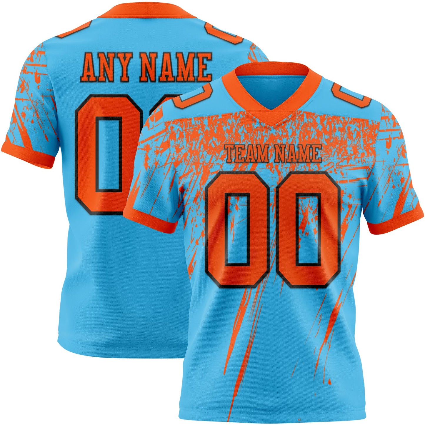 Custom Sky Blue Orange-Black Authentic Distressed Scratch Brush Stroke Football Jersey - Main View
