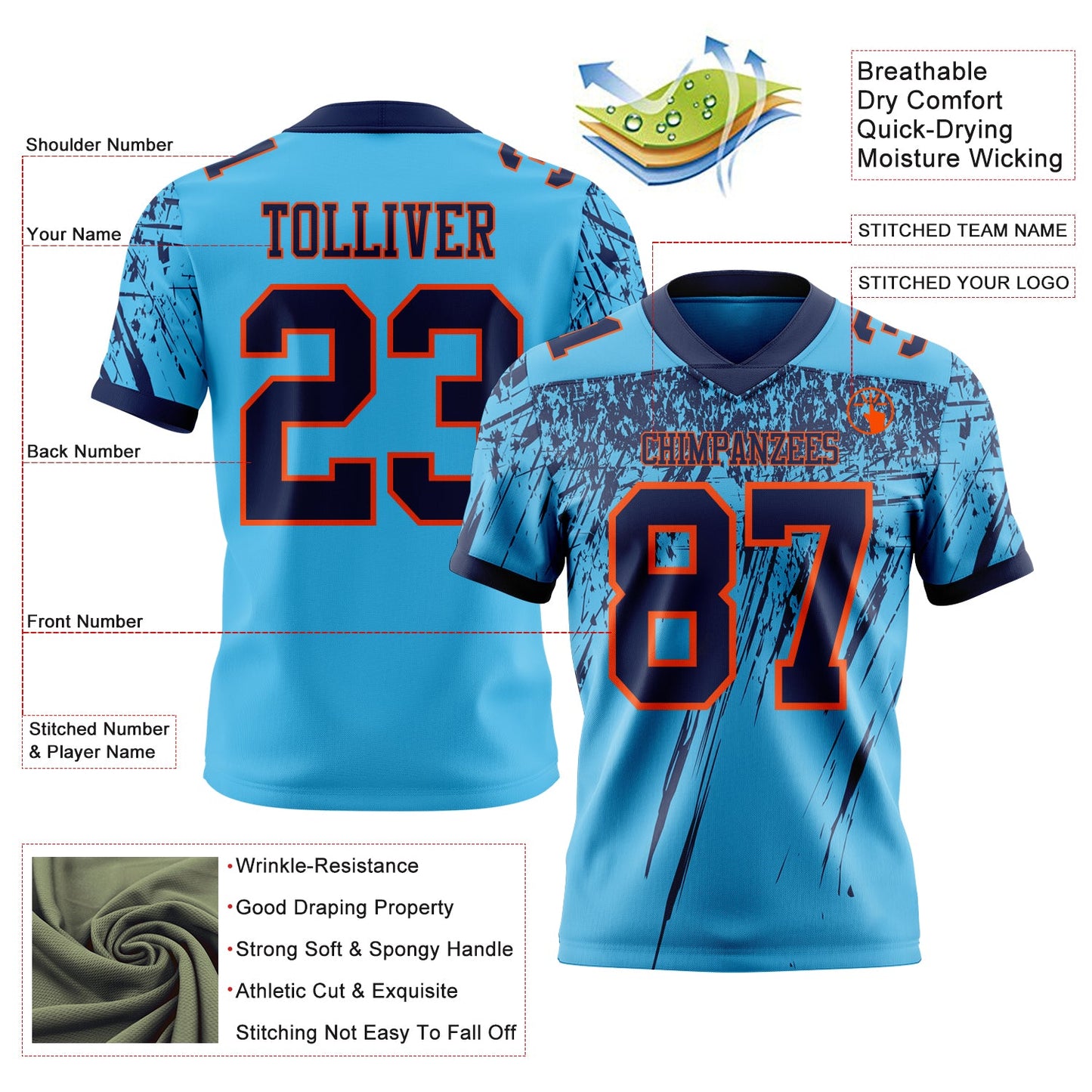 Custom Sky Blue Navy-Orange Authentic Distressed Scratch Brush Stroke Football Jersey view 2