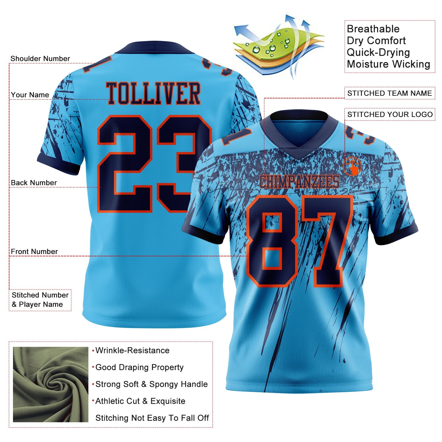 Custom Sky Blue Navy-Orange Authentic Distressed Scratch Brush Stroke Football Jersey view 2