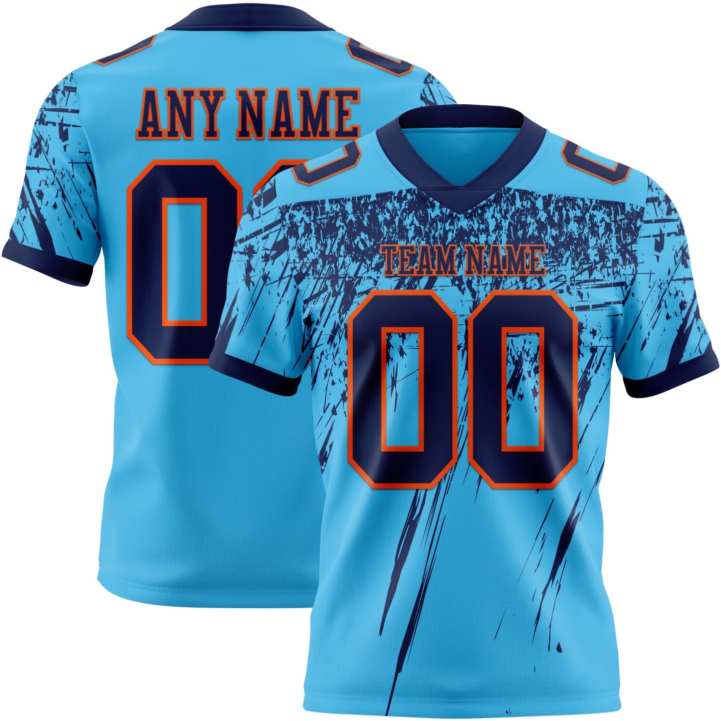 Custom Sky Blue Navy-Orange Authentic Distressed Scratch Brush Stroke Football Jersey - Main View