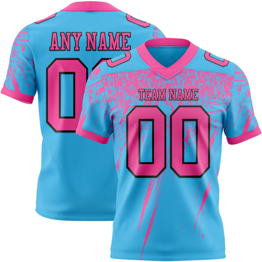 Custom Sky Blue Pink-Black Authentic Distressed Scratch Brush Stroke Football Jersey - Main View