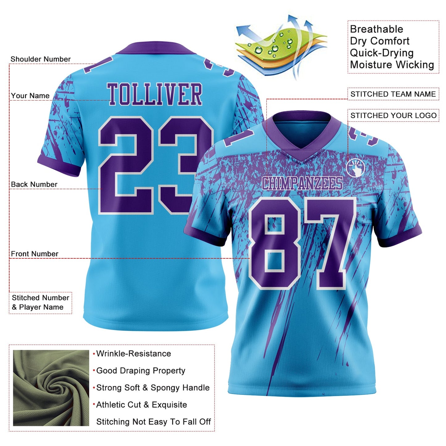 Custom Sky Blue Purple-White Authentic Distressed Scratch Brush Stroke Football Jersey view 2
