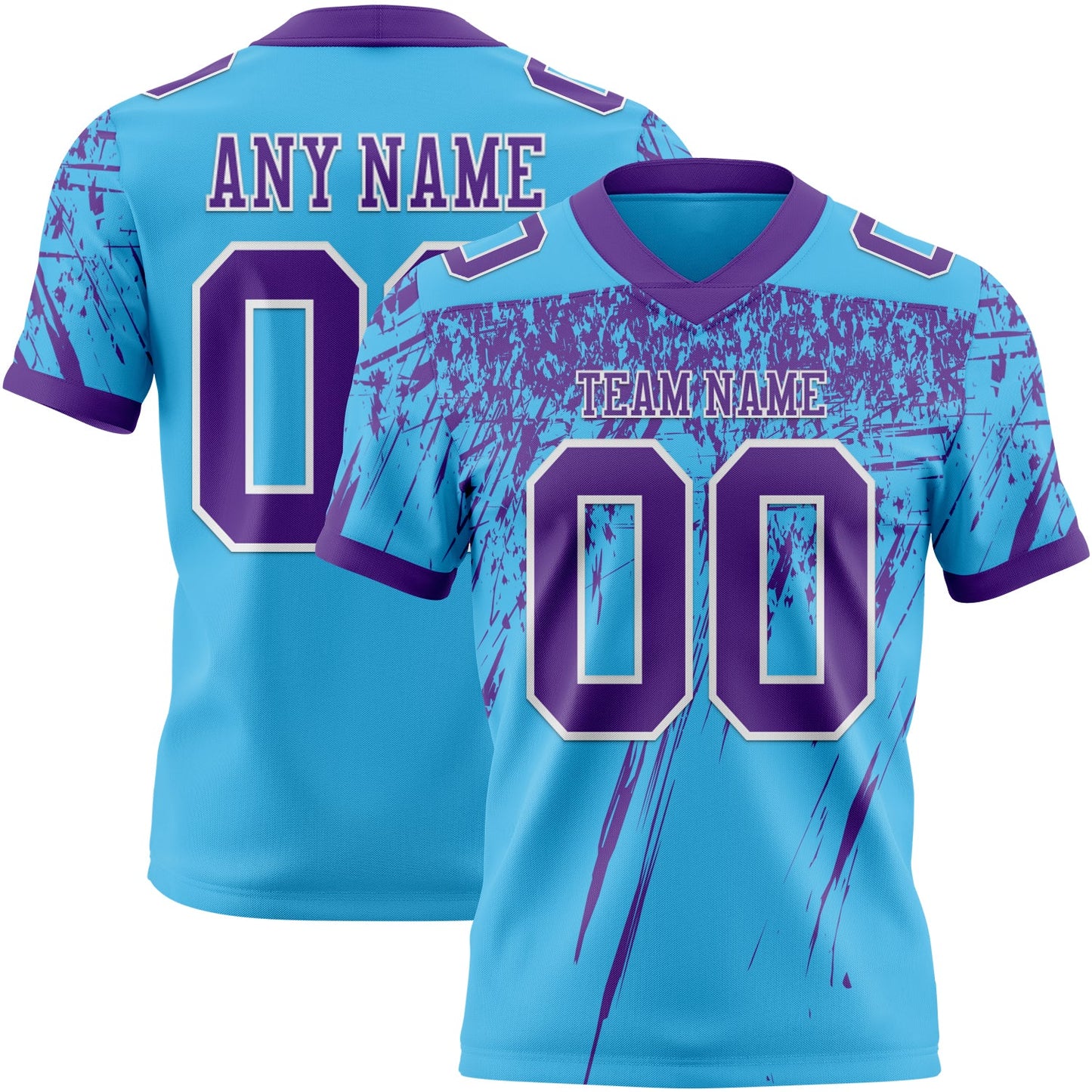 Custom Sky Blue Purple-White Authentic Distressed Scratch Brush Stroke Football Jersey - Main View