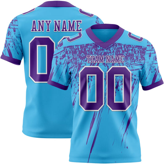 Custom Sky Blue Purple-White Authentic Distressed Scratch Brush Stroke Football Jersey - Main View