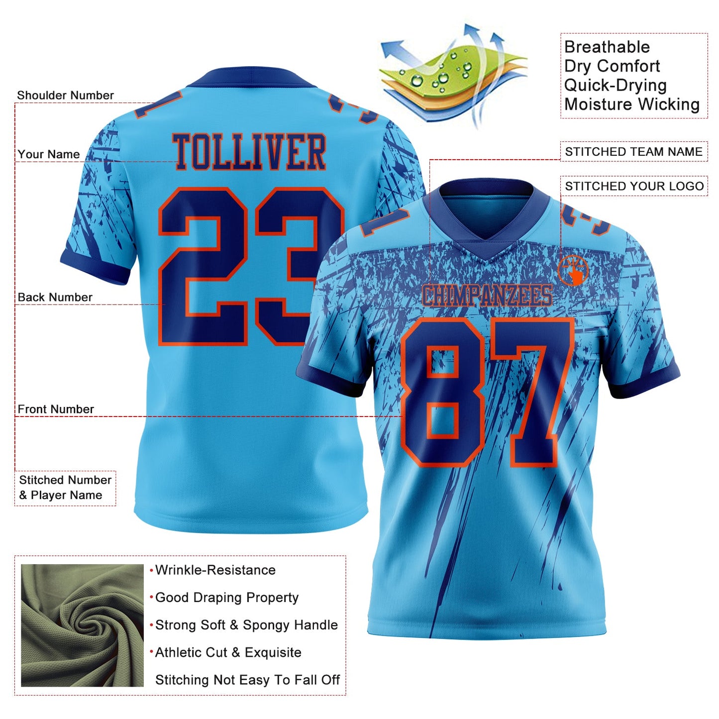 Custom Sky Blue Royal-Orange Authentic Distressed Scratch Brush Stroke Football Jersey view 2