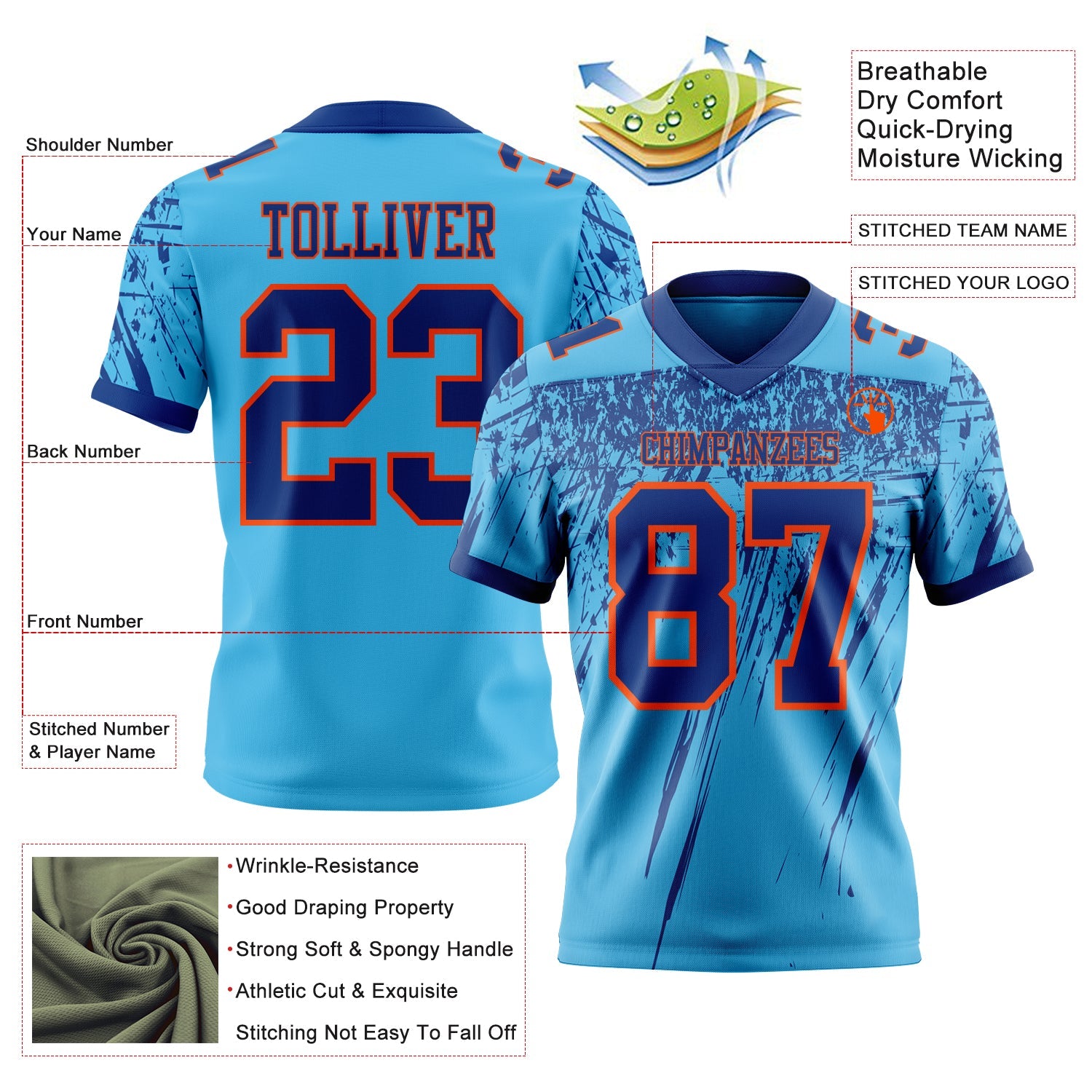 Custom Sky Blue Royal-Orange Authentic Distressed Scratch Brush Stroke Football Jersey view 2
