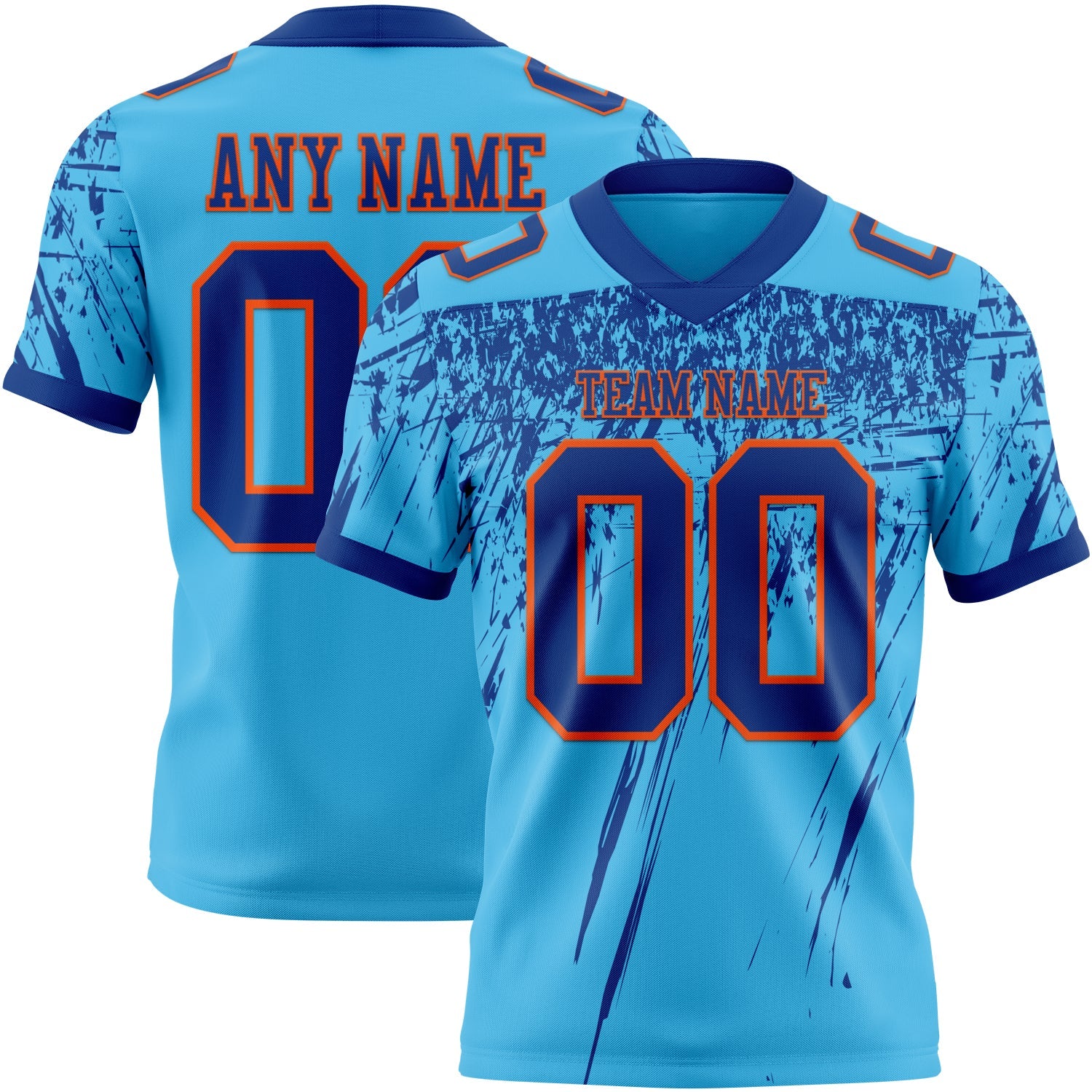 Custom Sky Blue Royal-Orange Authentic Distressed Scratch Brush Stroke Football Jersey - Main View
