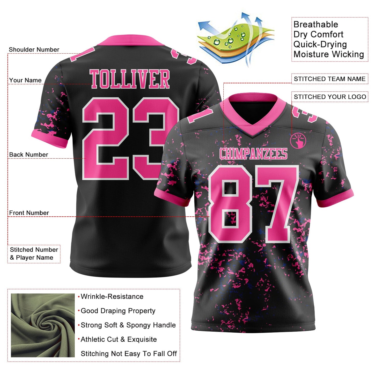 Custom Black Pink Royal-White Authentic Abstract Shattered Paint Splatter Football Jersey view 2
