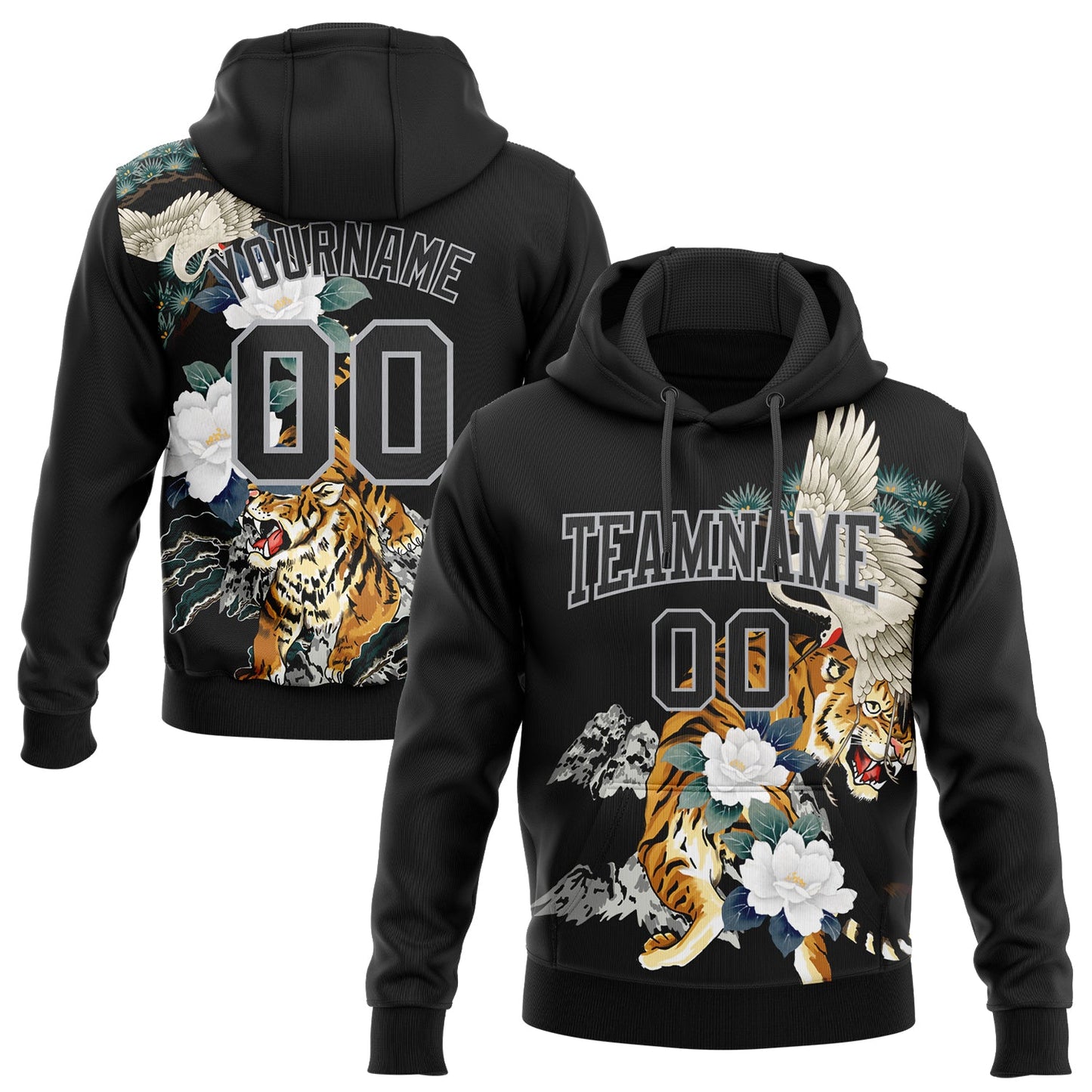 Custom Stitched Black Gray 3D Pattern Design Crane And Tiger Sports Pullover Sweatshirt Hoodie - Main View