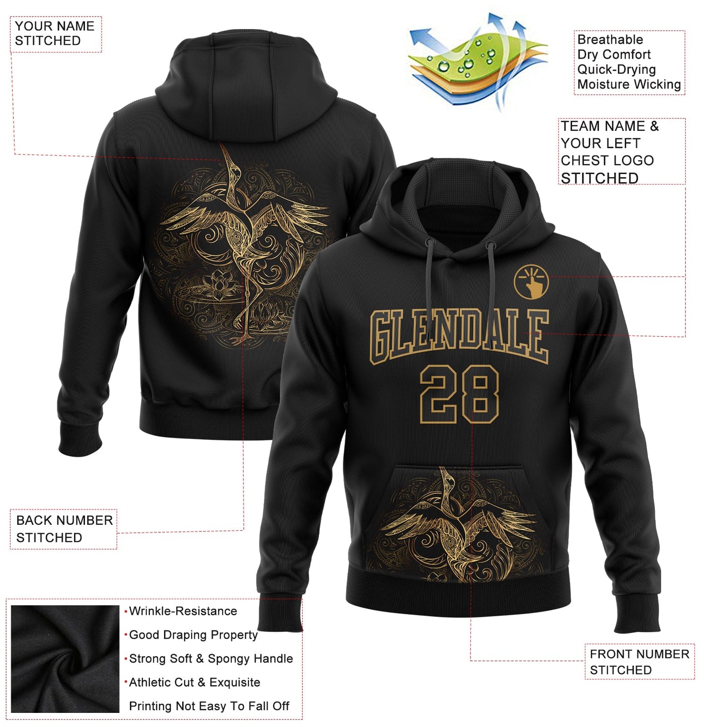 Custom Stitched Black Old Gold 3D Pattern Design Heron Sports Pullover Sweatshirt Hoodie view 2