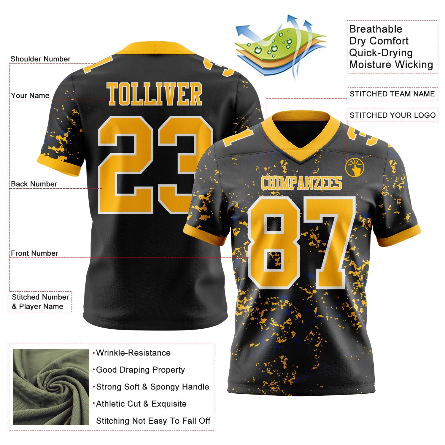 Custom Black Gold Royal-White Authentic Abstract Shattered Paint Splatter Football Jersey view 2