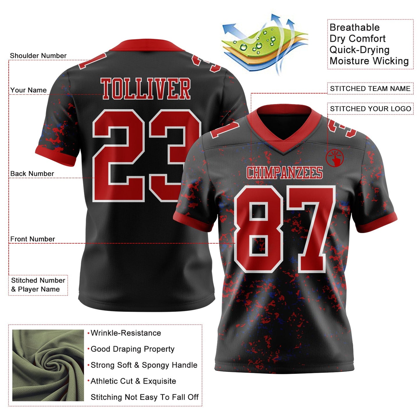 Custom Black Red Royal-White Authentic Abstract Shattered Paint Splatter Football Jersey view 2