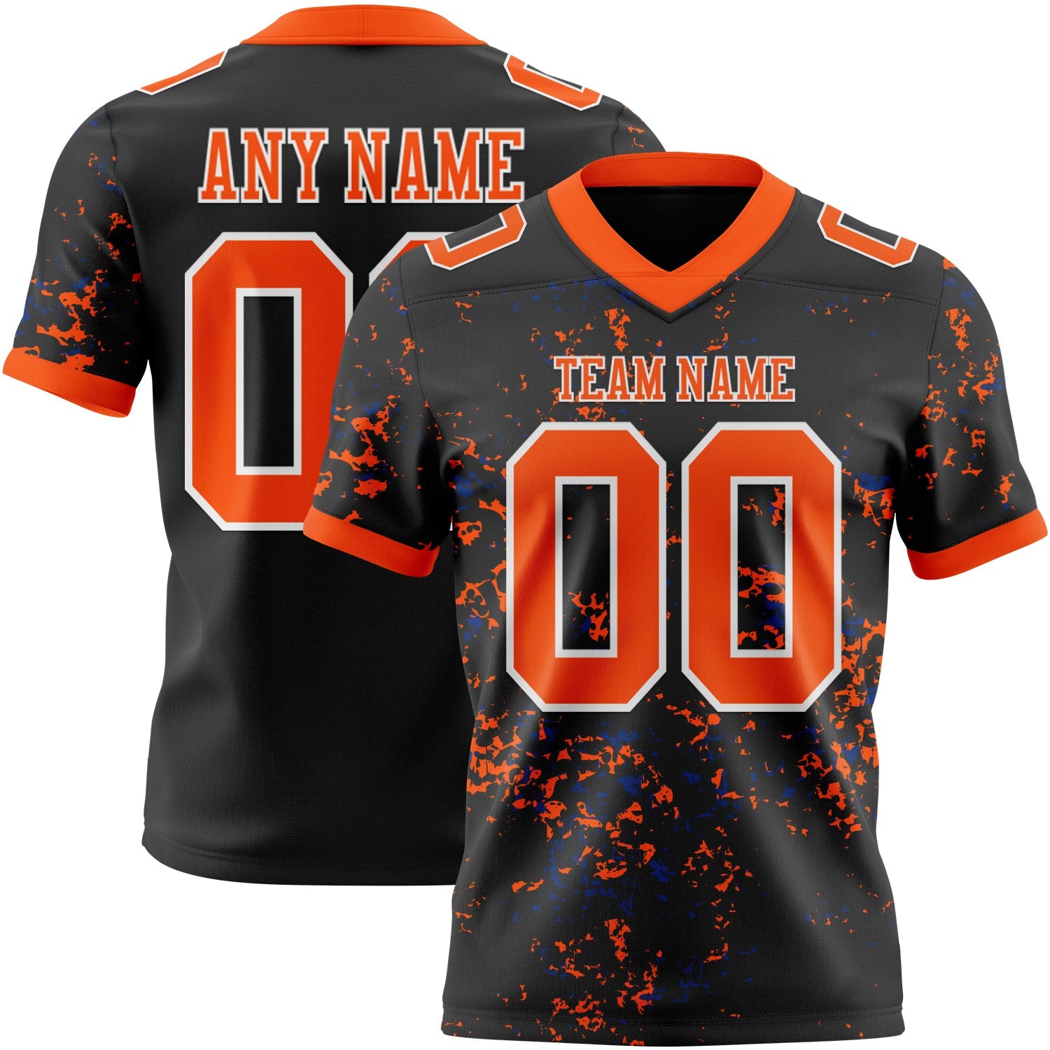 Custom Black Orange Royal-White Authentic Abstract Shattered Paint Splatter Football Jersey - Main View