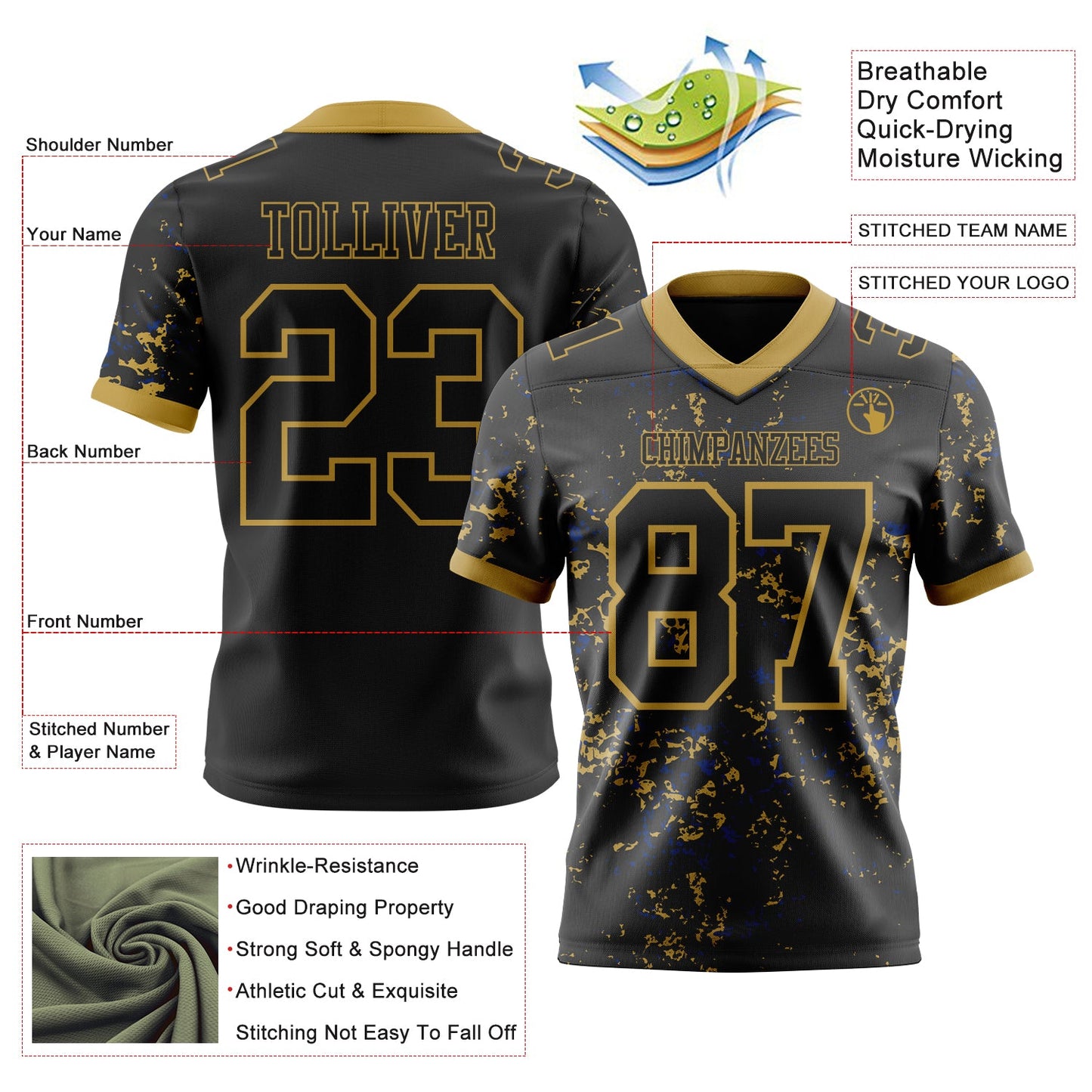 Custom Black Old Gold-Royal Authentic Abstract Shattered Paint Splatter Football Jersey view 2