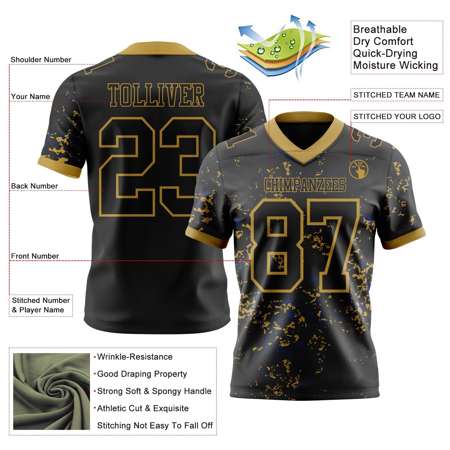 Custom Black Old Gold-Royal Authentic Abstract Shattered Paint Splatter Football Jersey view 2