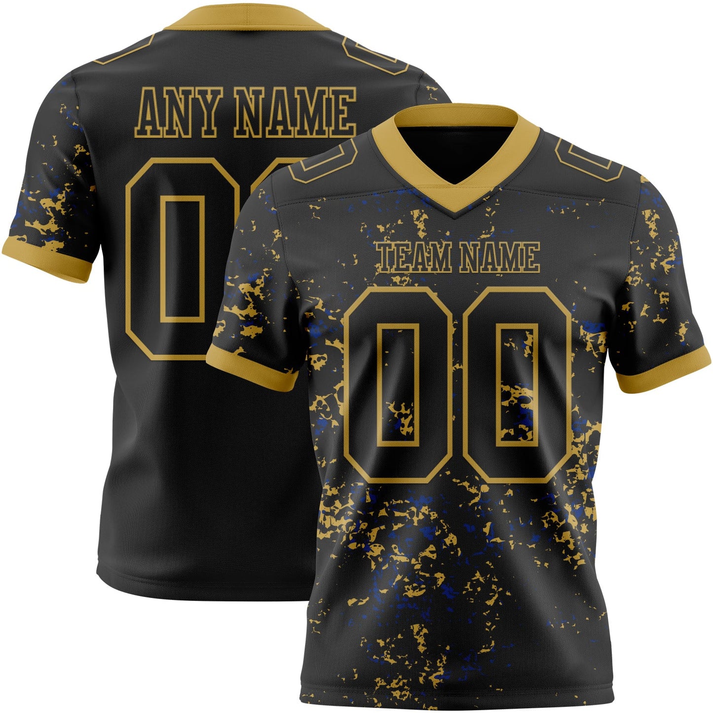 Custom Black Old Gold-Royal Authentic Abstract Shattered Paint Splatter Football Jersey - Main View