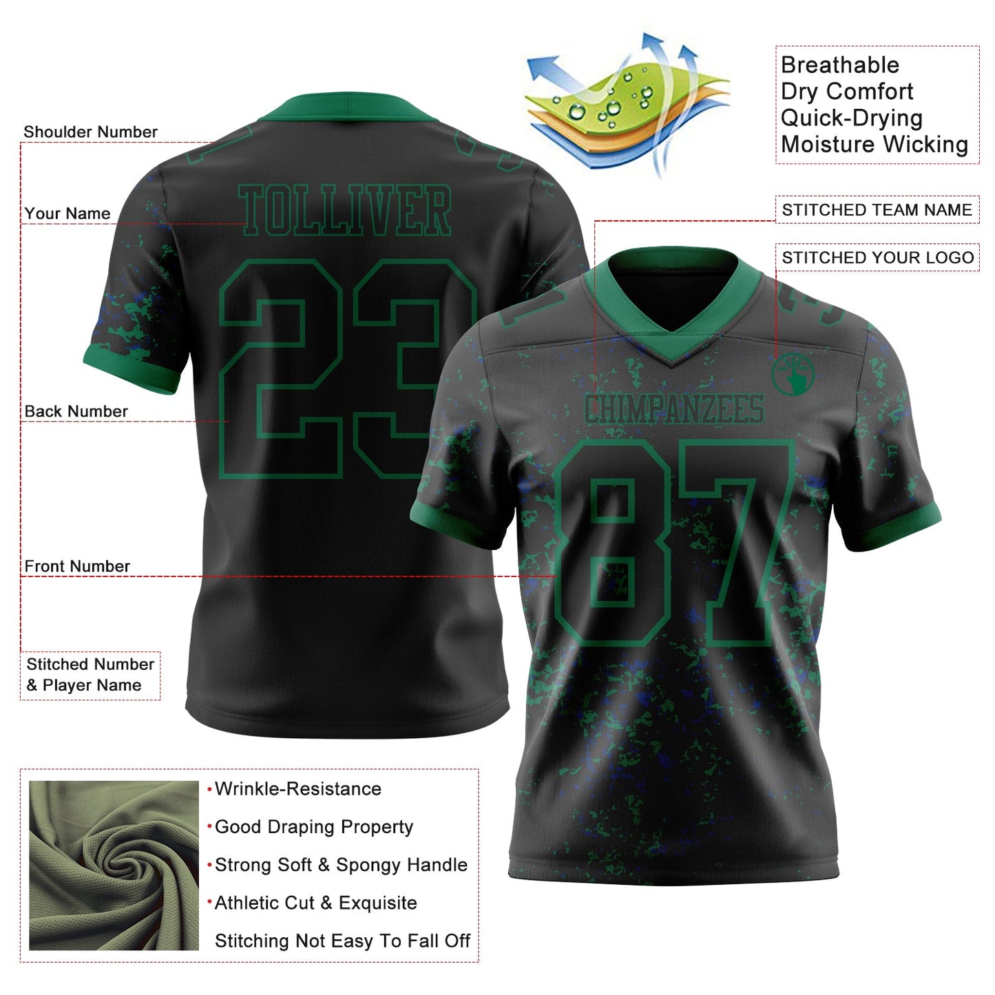 Custom Black Kelly Green-Royal Authentic Abstract Shattered Paint Splatter Football Jersey view 2